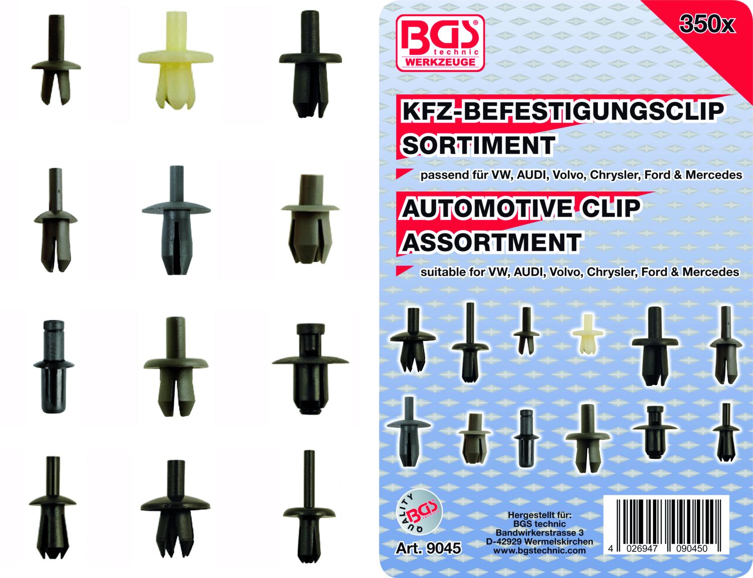 ASSORTIMENT BGS TECHNIC 350 CLIPS DE FIXATION, VW, AUDI, FORD, MERCED